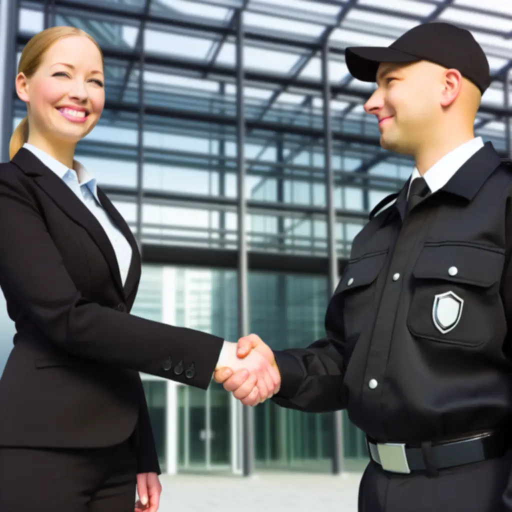 Client shaking hands with a DRELUXE SECURITY SERVICE LTD security professional