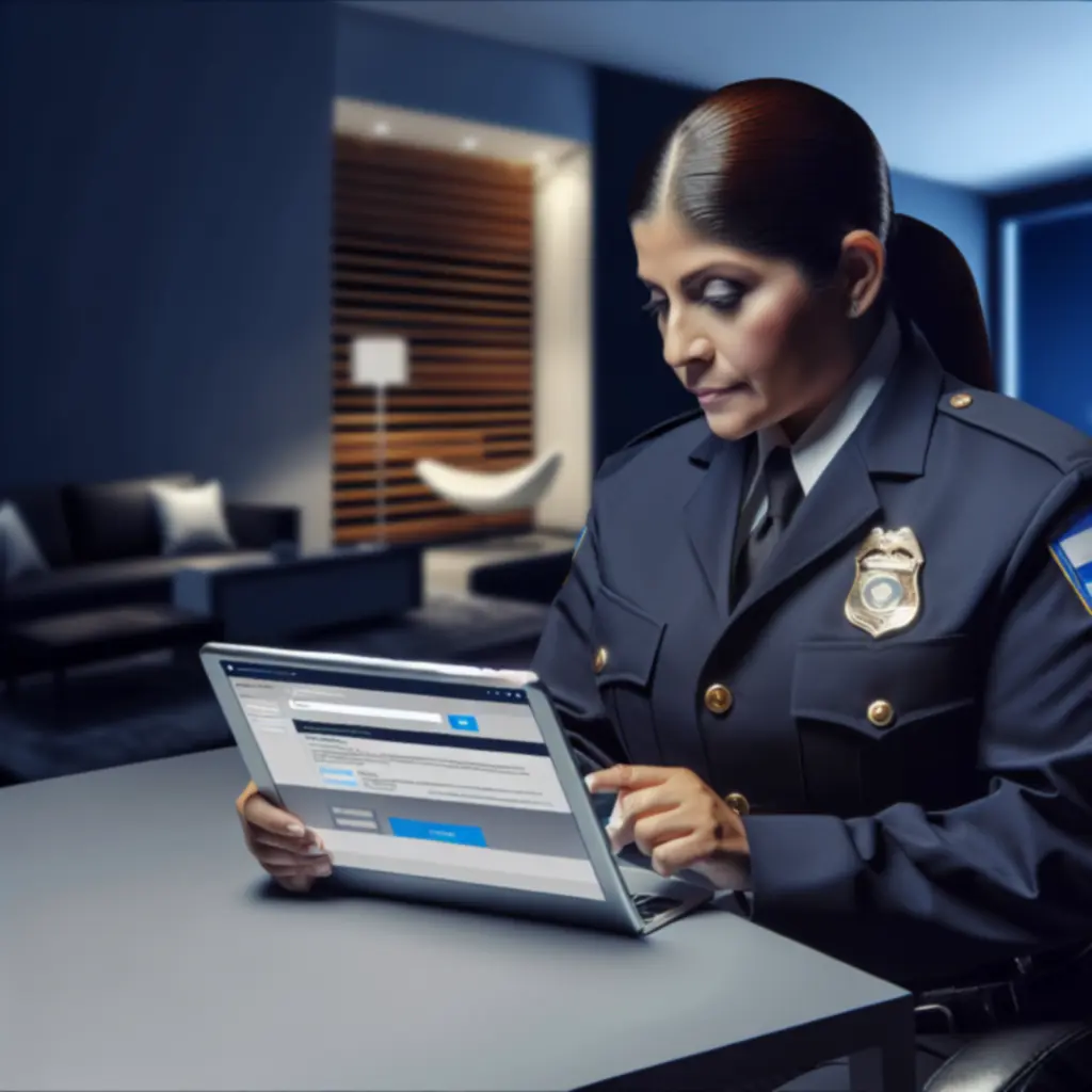 Security officer near contact desk ready to assist