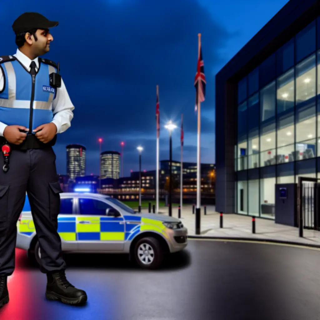 Security patrol vehicle performing a mobile security check at a commercial site