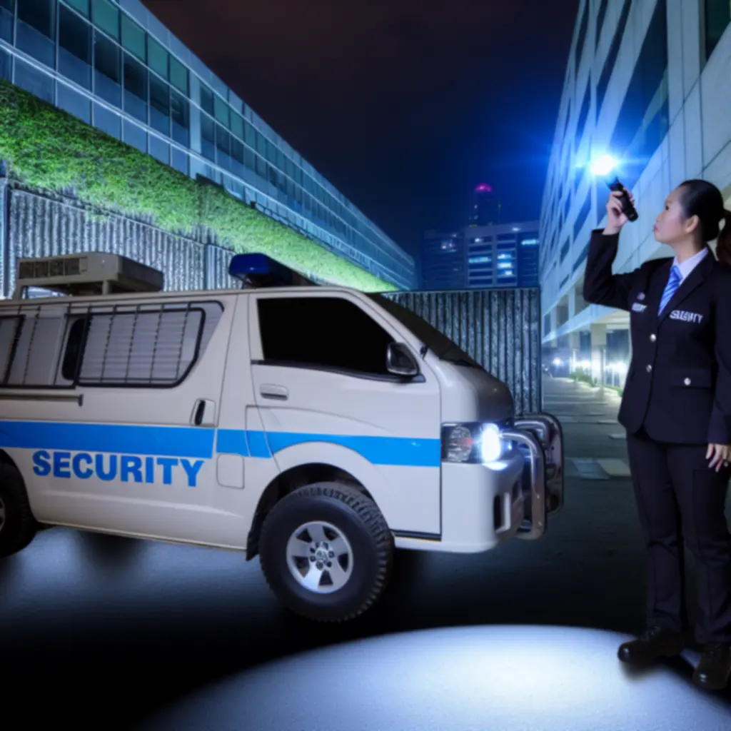 Mobile patrol security vehicle conducting checks at night